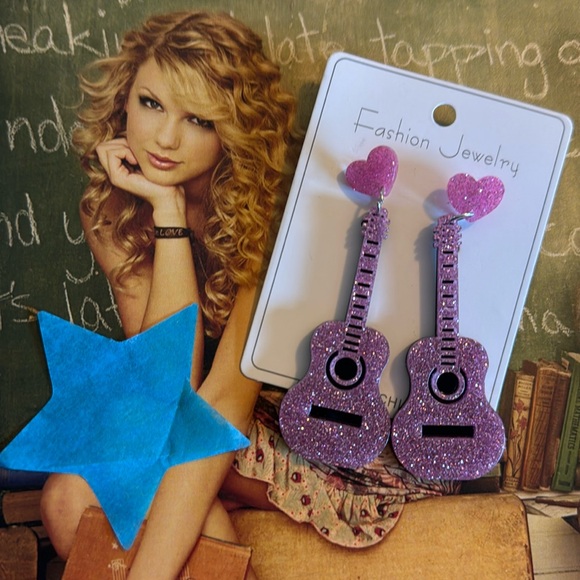 Pink Sparkly Guitar Earrings - Picture 1 of 3